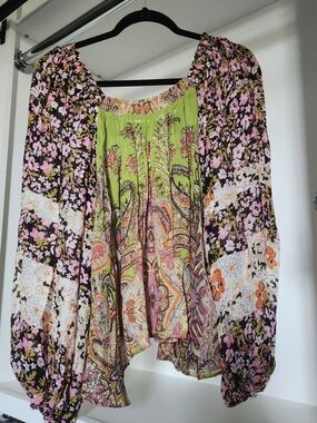 Free People Paisley & Floral Peasant Blouse in Lime, Pink & Brown